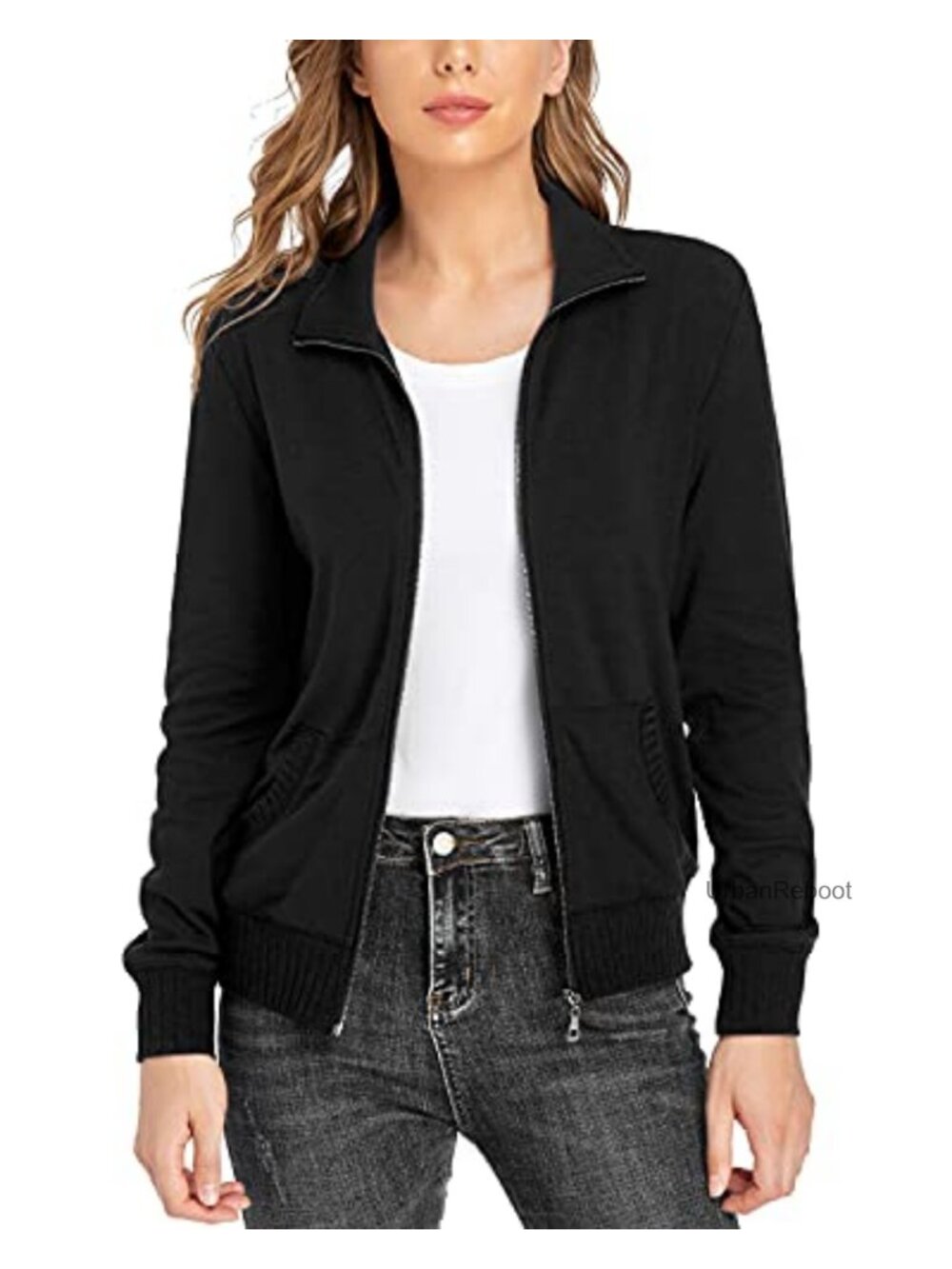 Women's Stand Collar Zip Up Long Sleeve Jacket with Pockets Lightweight